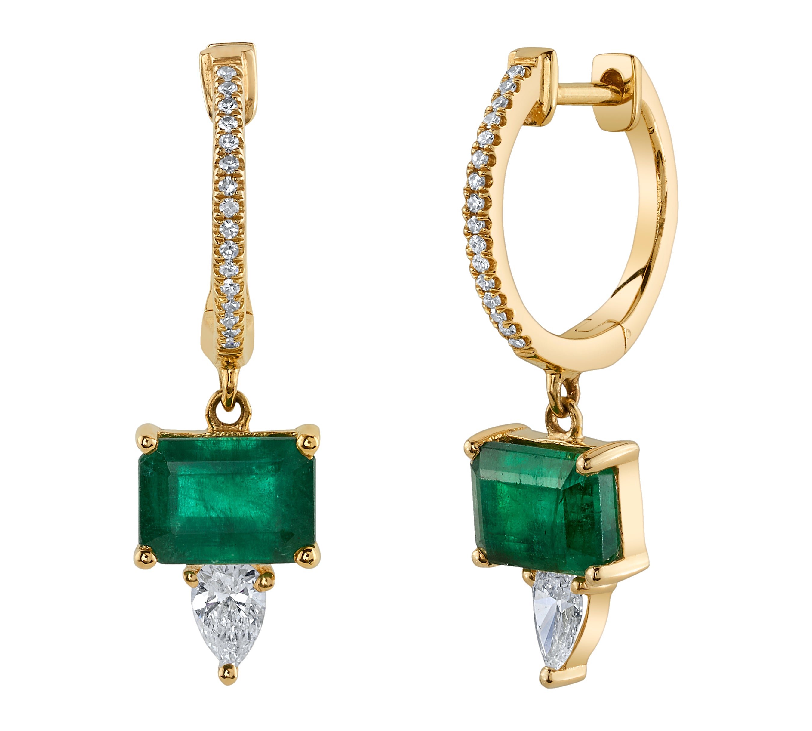 Emerald Baguette Diamond Teardrop Huggie Huggie Earrings Roseark Deux   