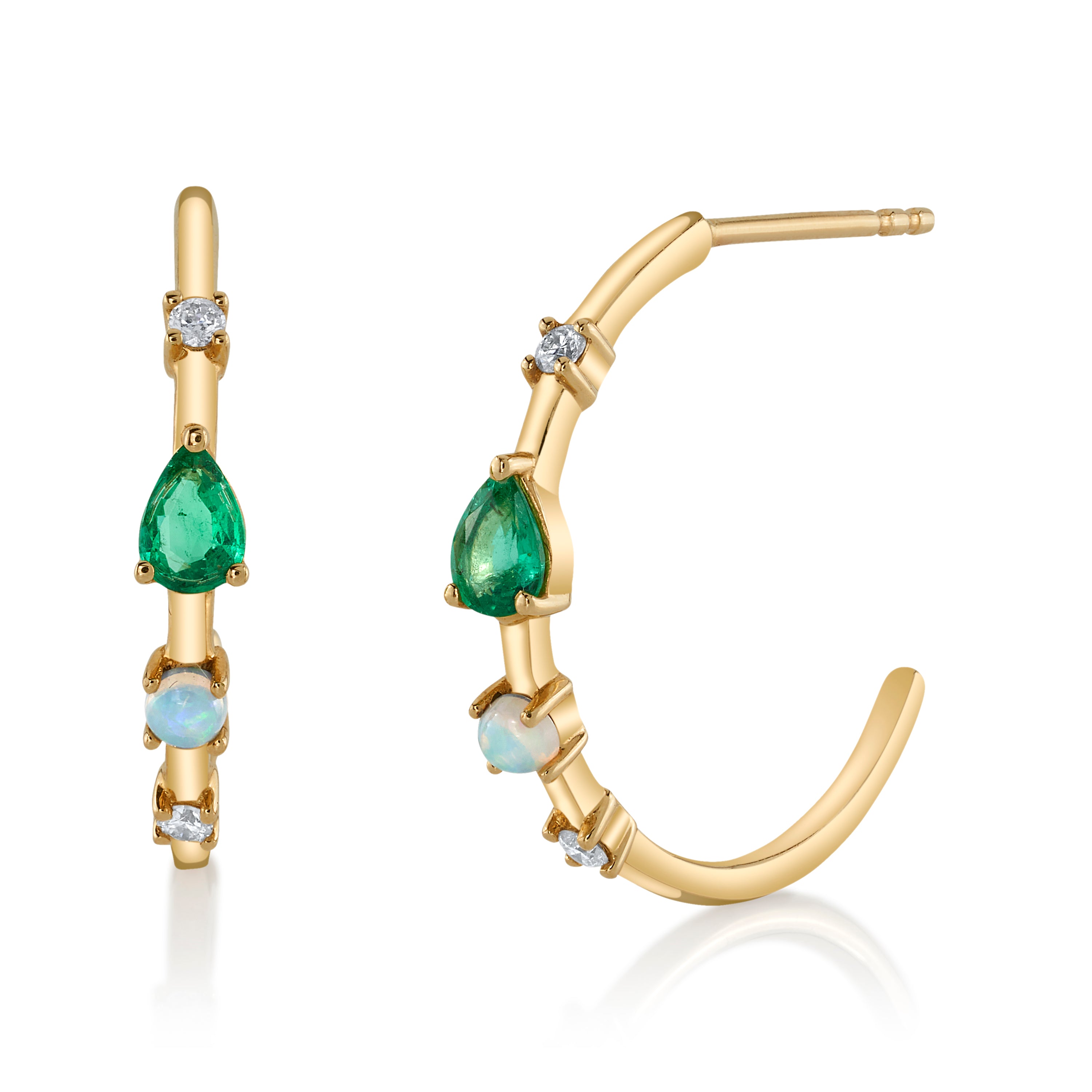 Emerald Moonstone Diamond Half-Hoops, Pair Hoop Earrings Roseark Deux