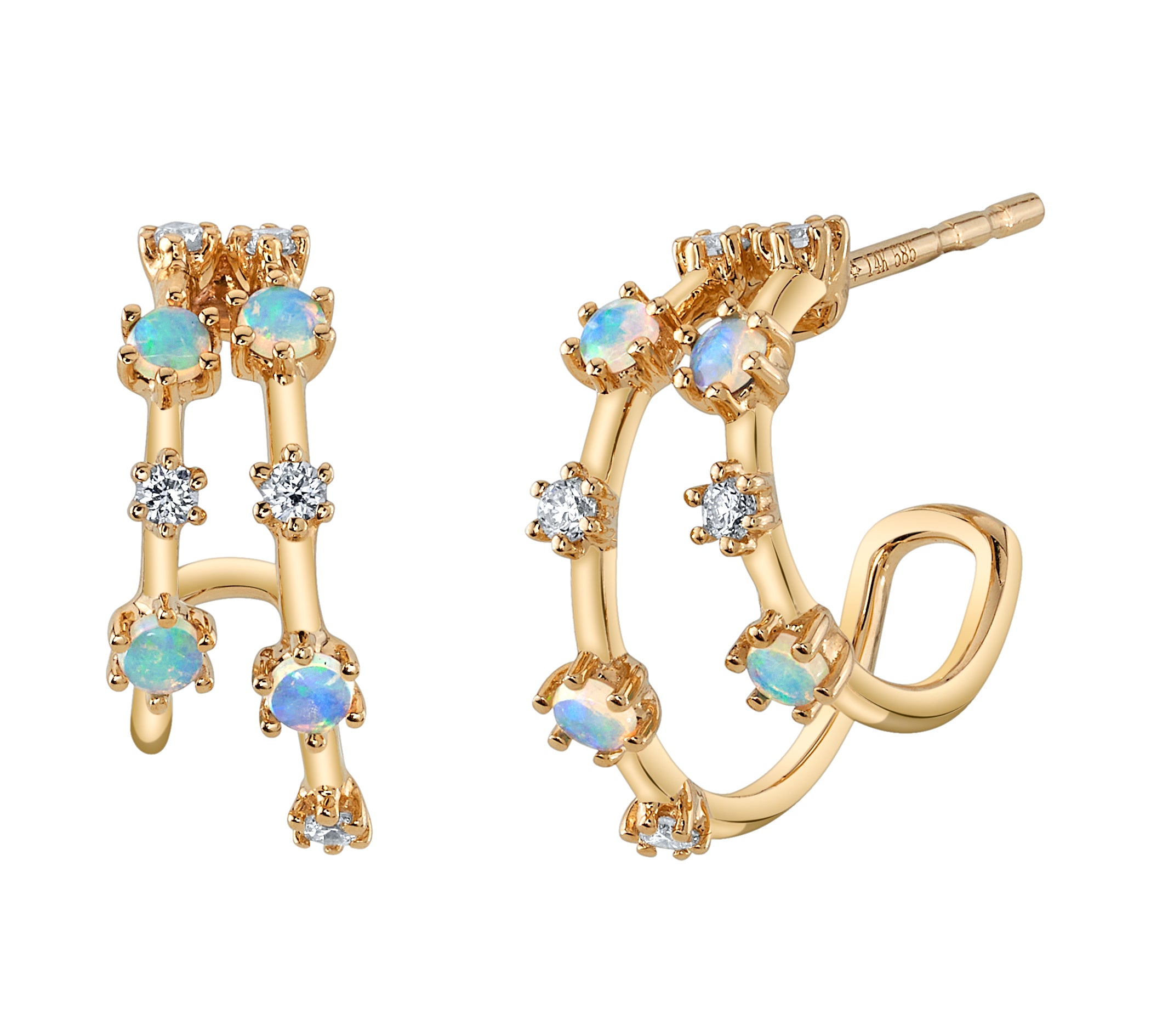 Stone Diamond Half-Huggie Hoop Huggie Earrings Roseark Deux Opal+Diamond Pair