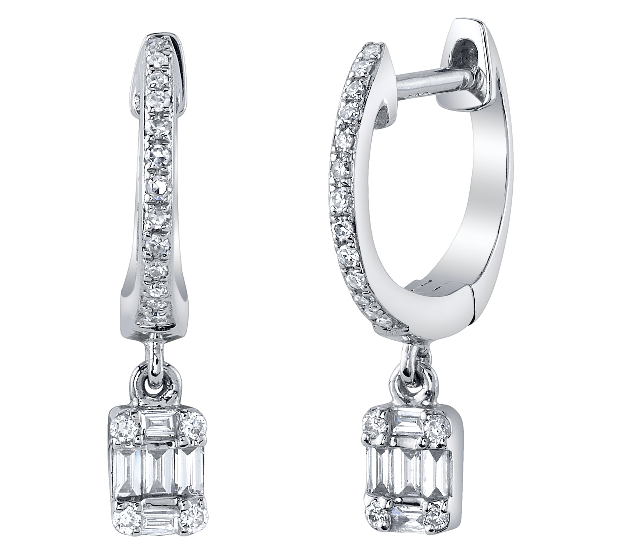 Diamond Huggie with Baguette-Round Dangle Huggie Earrings Roseark Deux Pair  