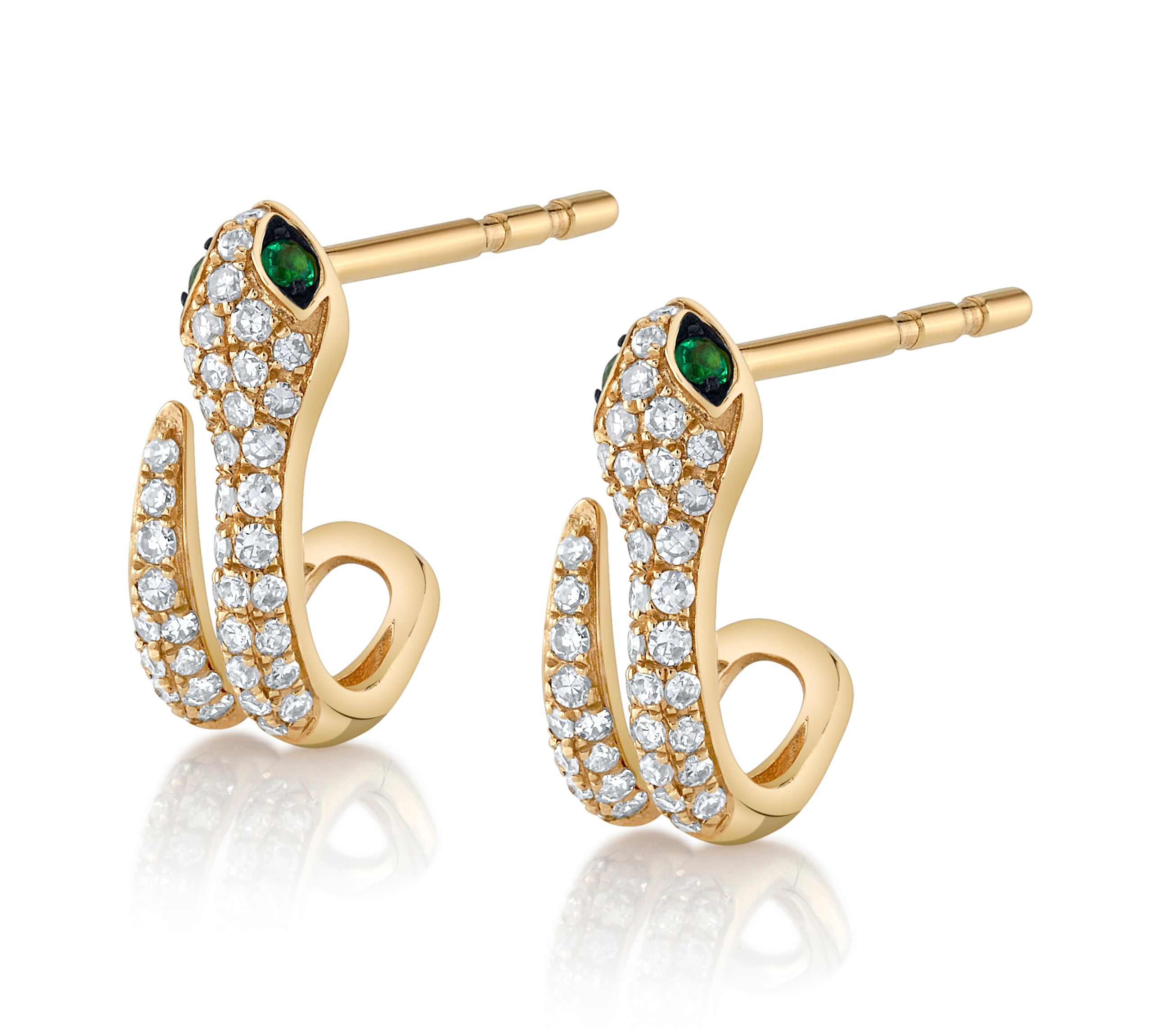 Pave Diamond Snake Half-Hoop with Emerald Eyes Huggie Earrings Roseark Deux Pair  
