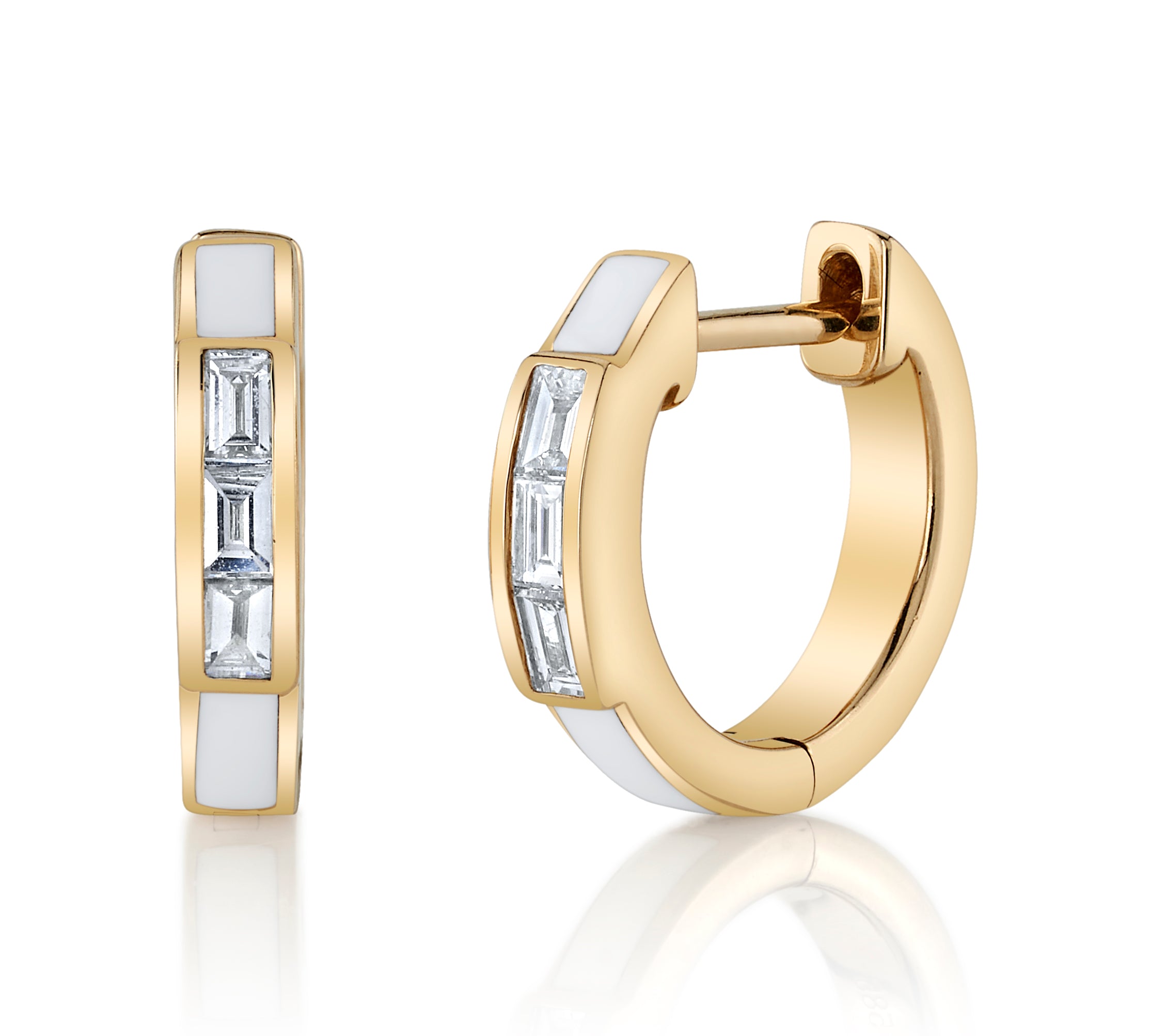 White Enamel Diamond-Baguette Huggie Huggie Earrings Roseark Deux Pair