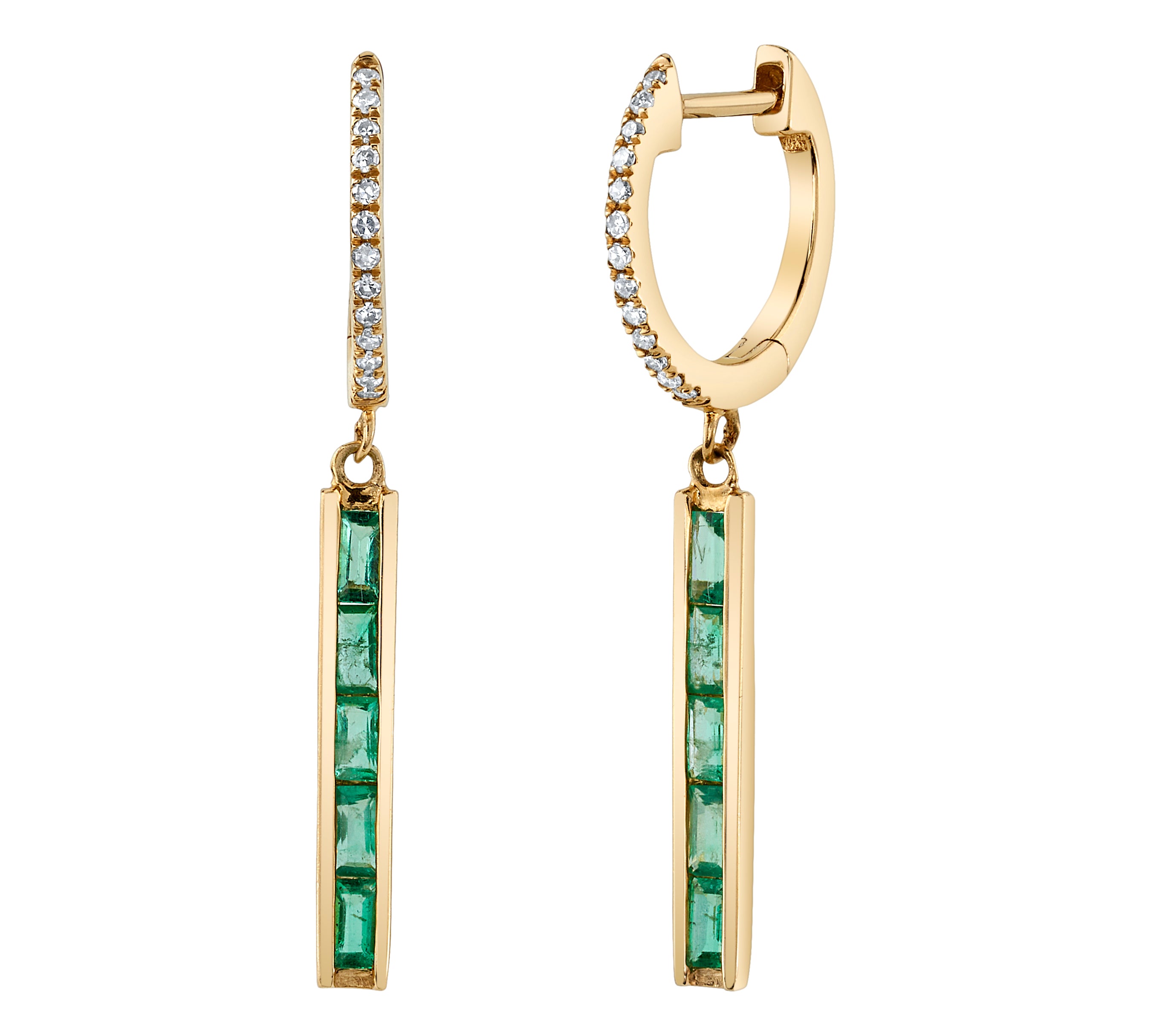 Diamond Emerald Linear-Drop Huggie Huggie Earrings Roseark Deux Pair