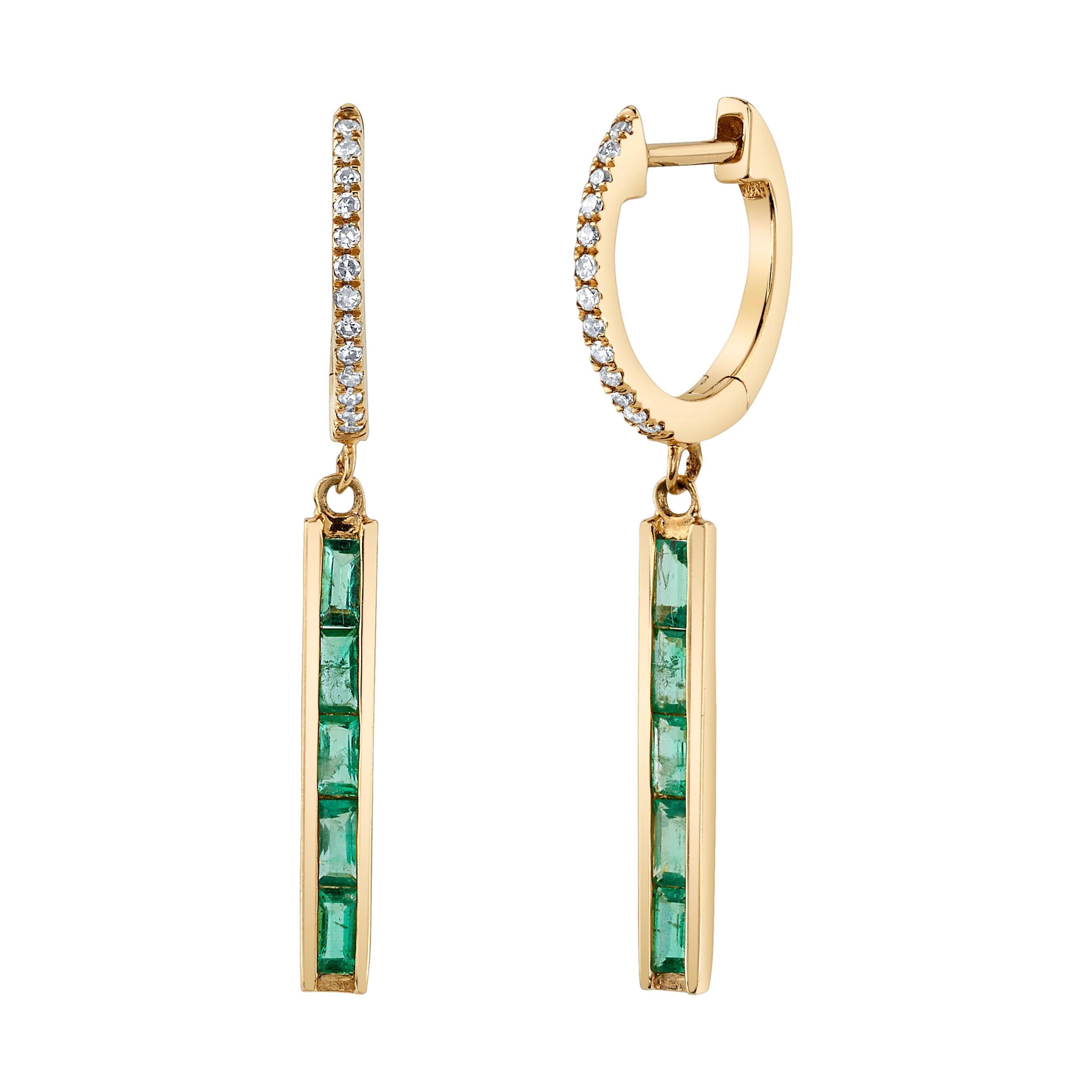 Diamond Emerald Linear-Drop Huggie Huggie Earrings Roseark Deux Pair
