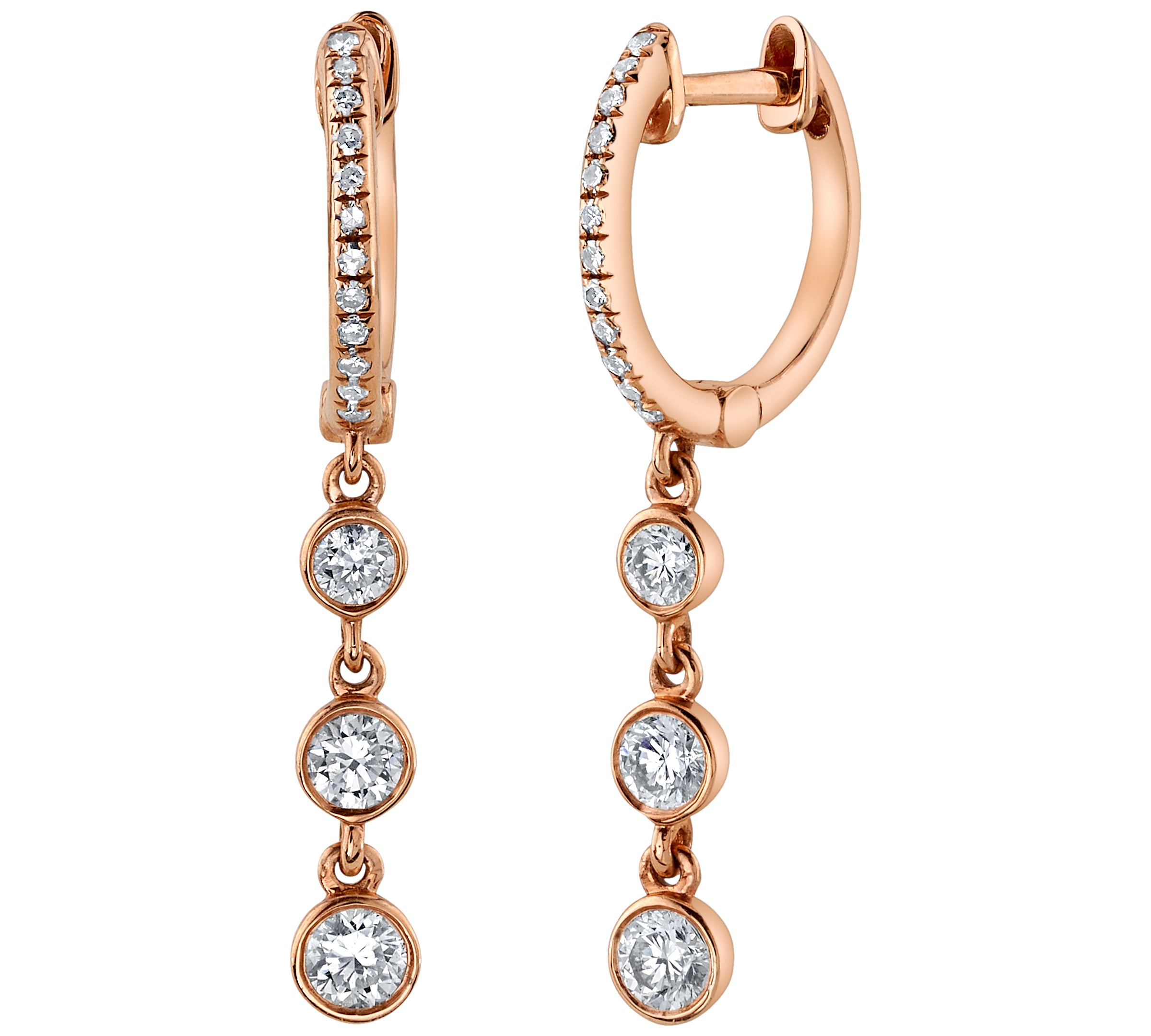 Triple Diamond Bezel Drop Huggie Huggie Earrings Roseark Deux Pair