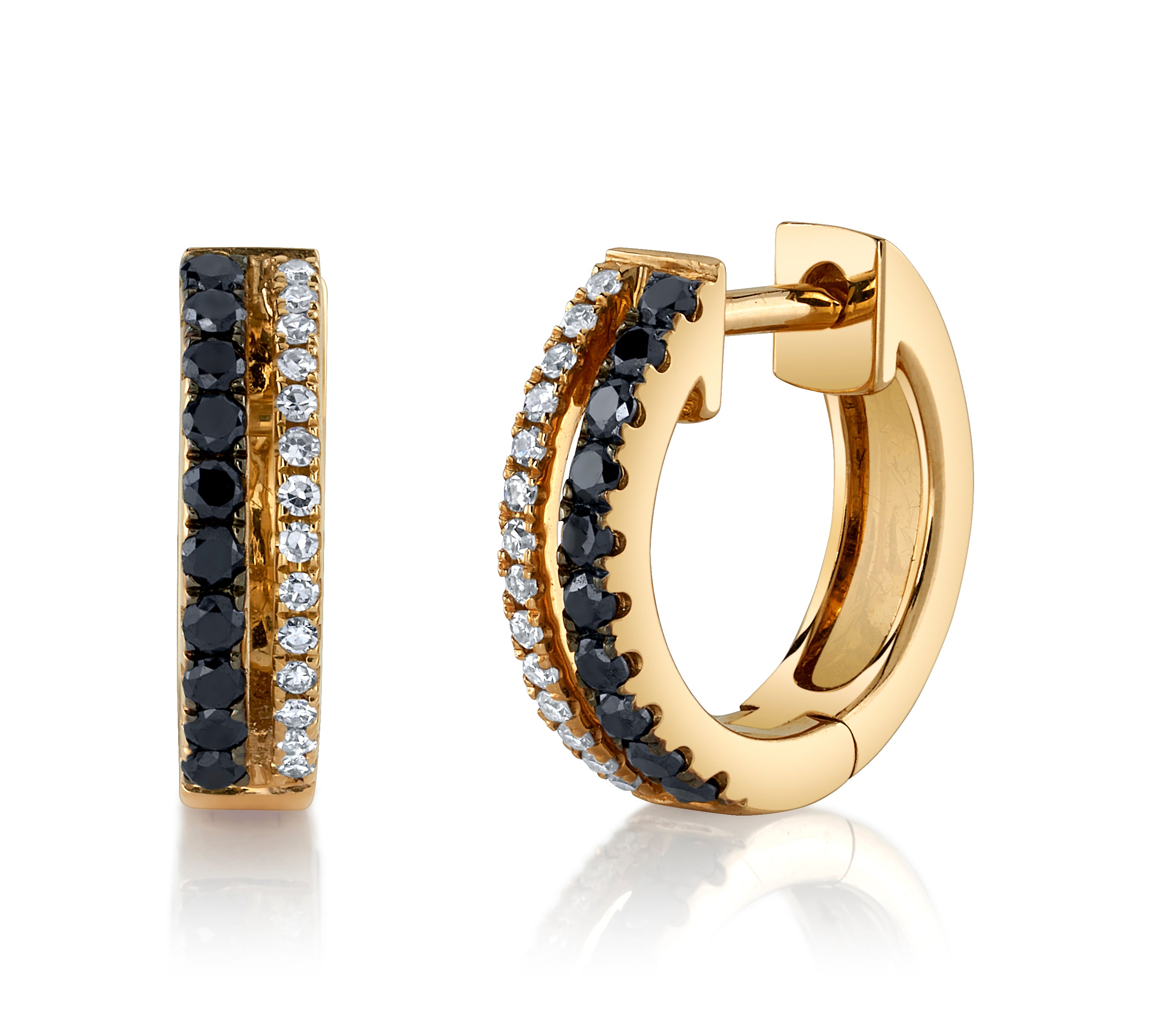 Black and White Diamond Hoop Huggie Earrings Roseark Deux Yellow Gold Pair