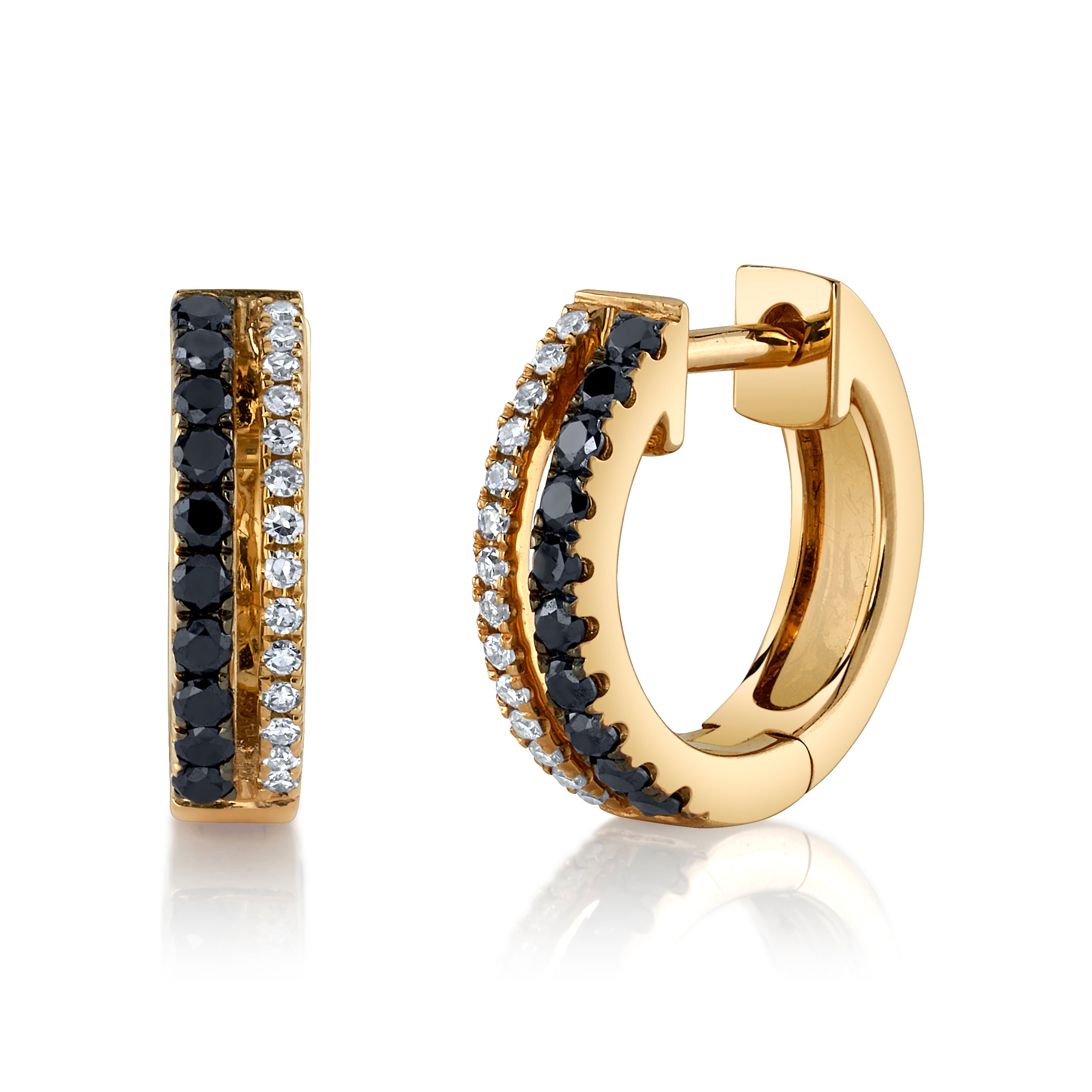 Black and White Diamond Hoop Huggie Earrings Roseark Deux Yellow Gold Pair