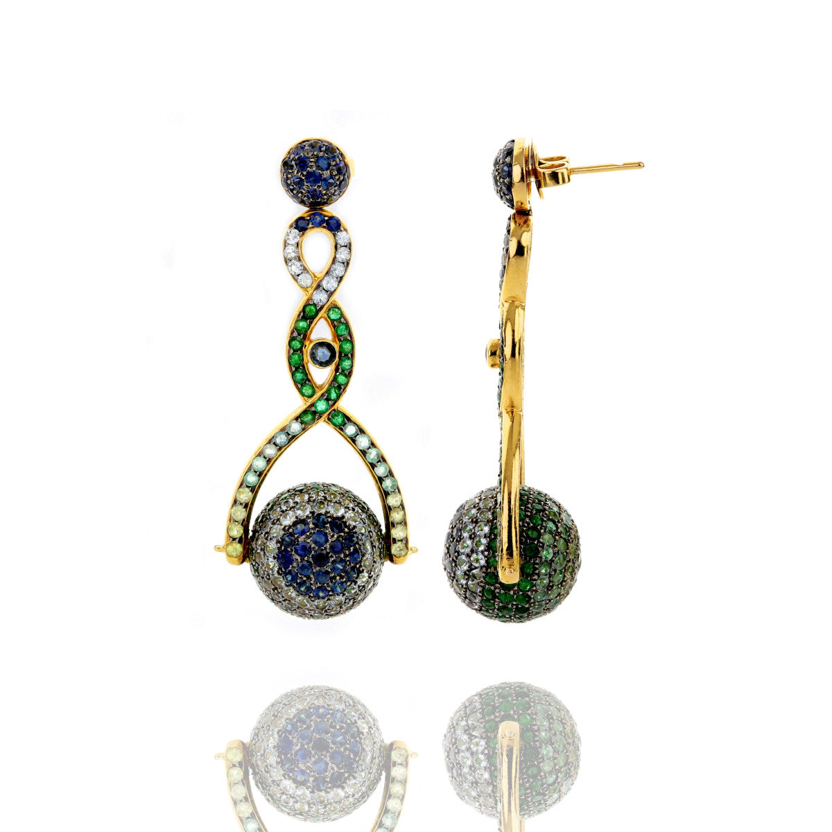 Full Pave Spinning Ball Drop Earrings Statement Earrings Carolyn Rodney Sapphire Aquamarine Peridot center  