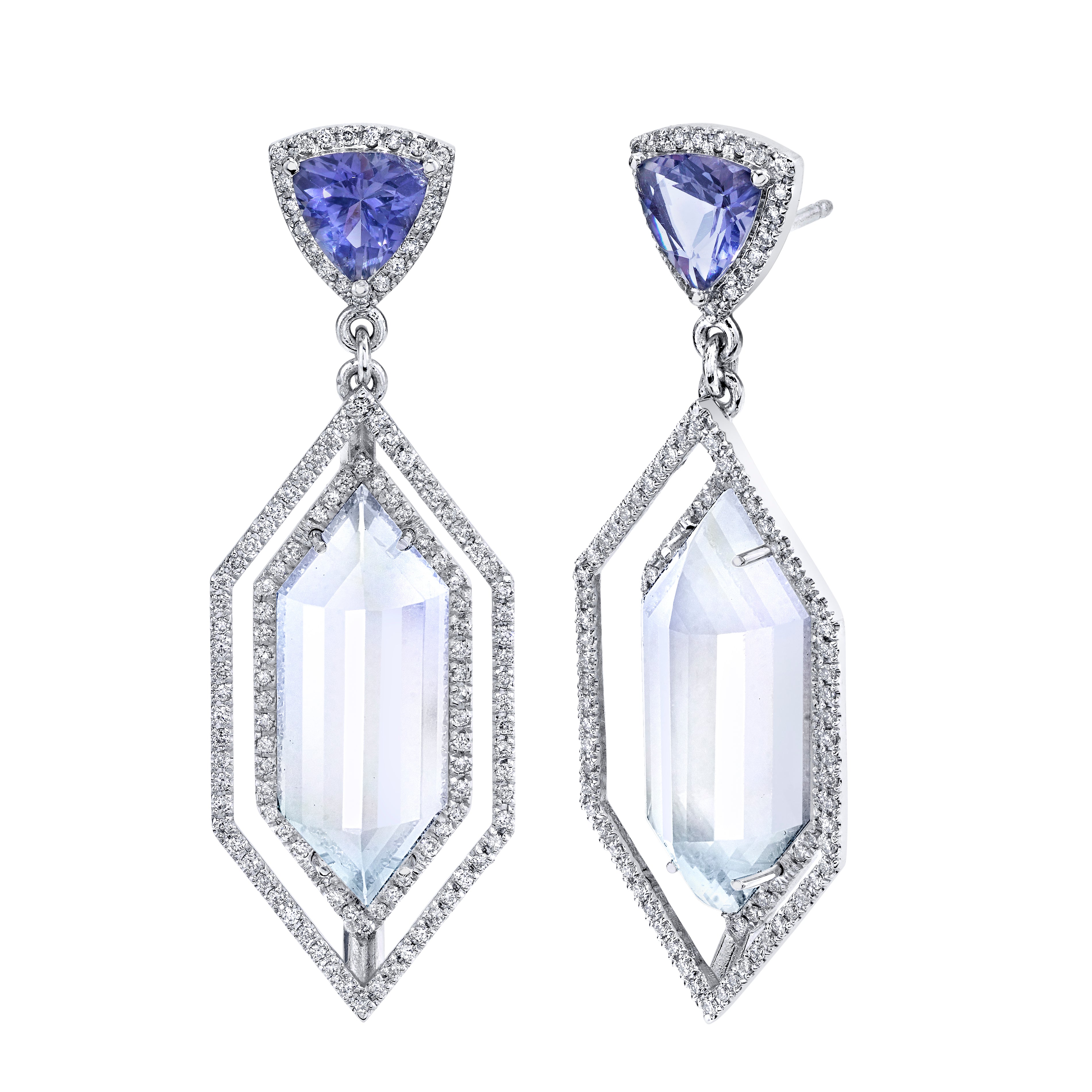 Iolite and Moonstone Hexagon Earrings Drop Karma El-Khalil   