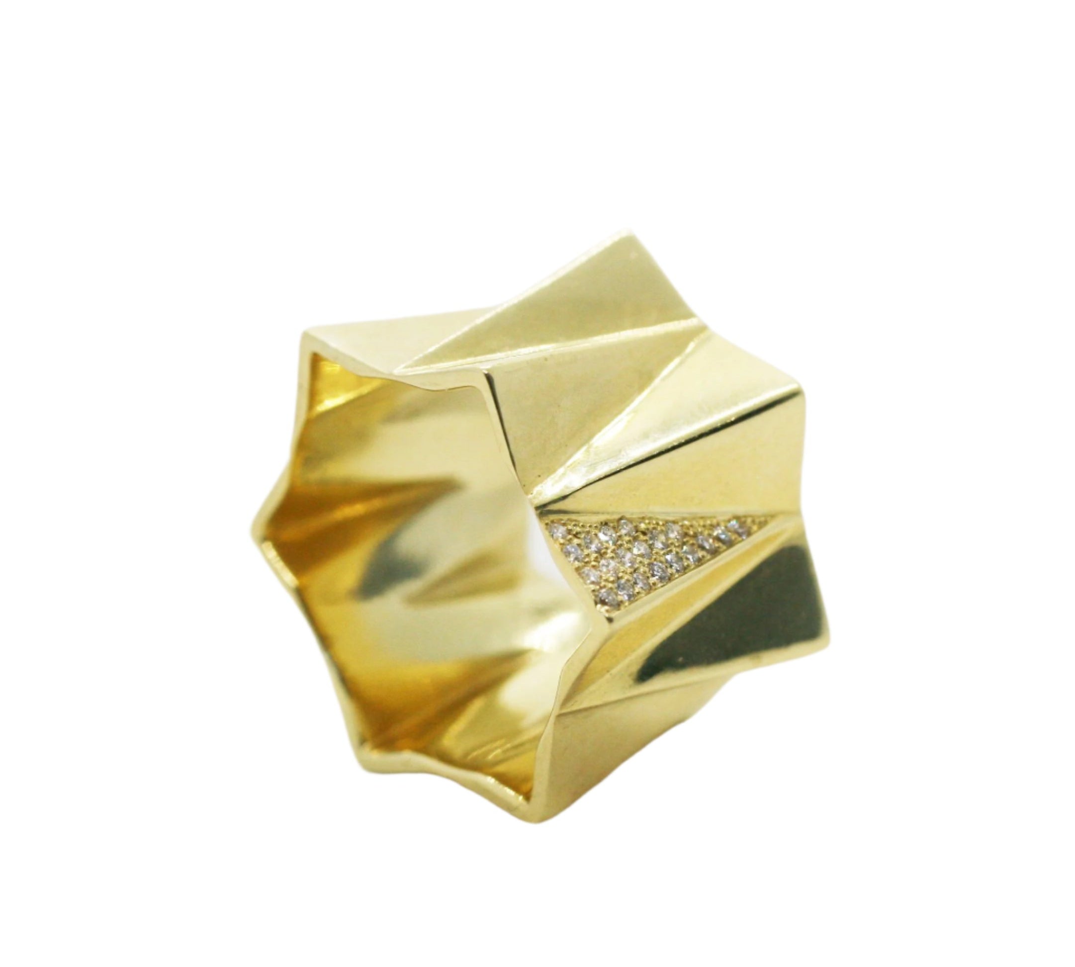 Wide Pleated Ring with Diamonds Band Ring Perez Bitan