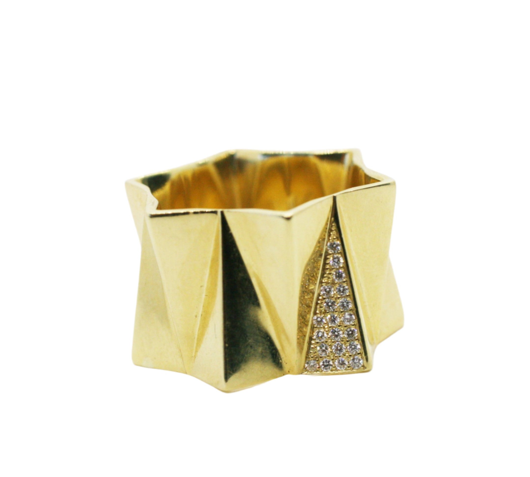 Wide Pleated Ring with Diamonds Band Ring Perez Bitan