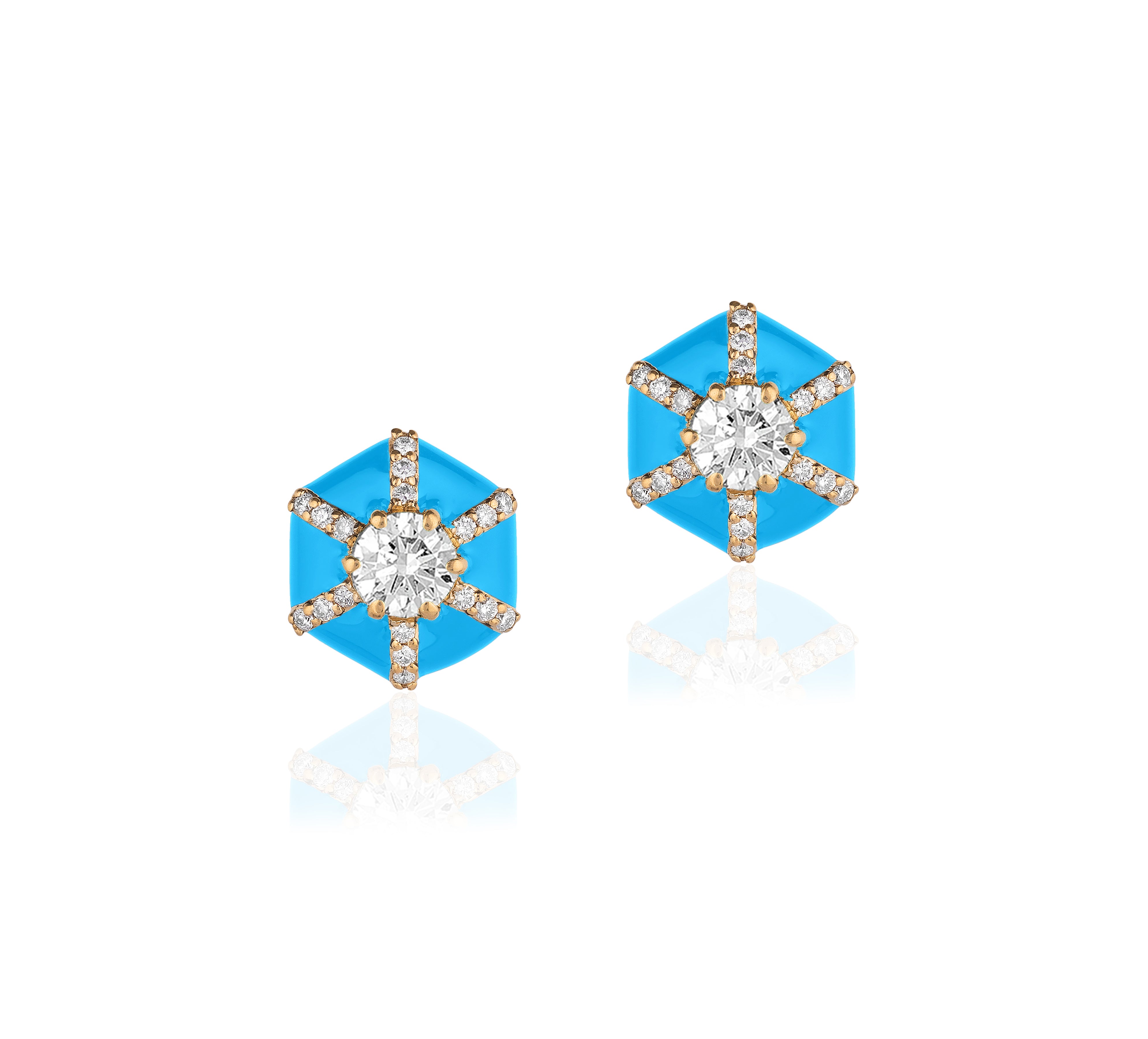 Hexagon Studs with Diamonds Stud Earrings Goshwara Diamond Turq Enamel