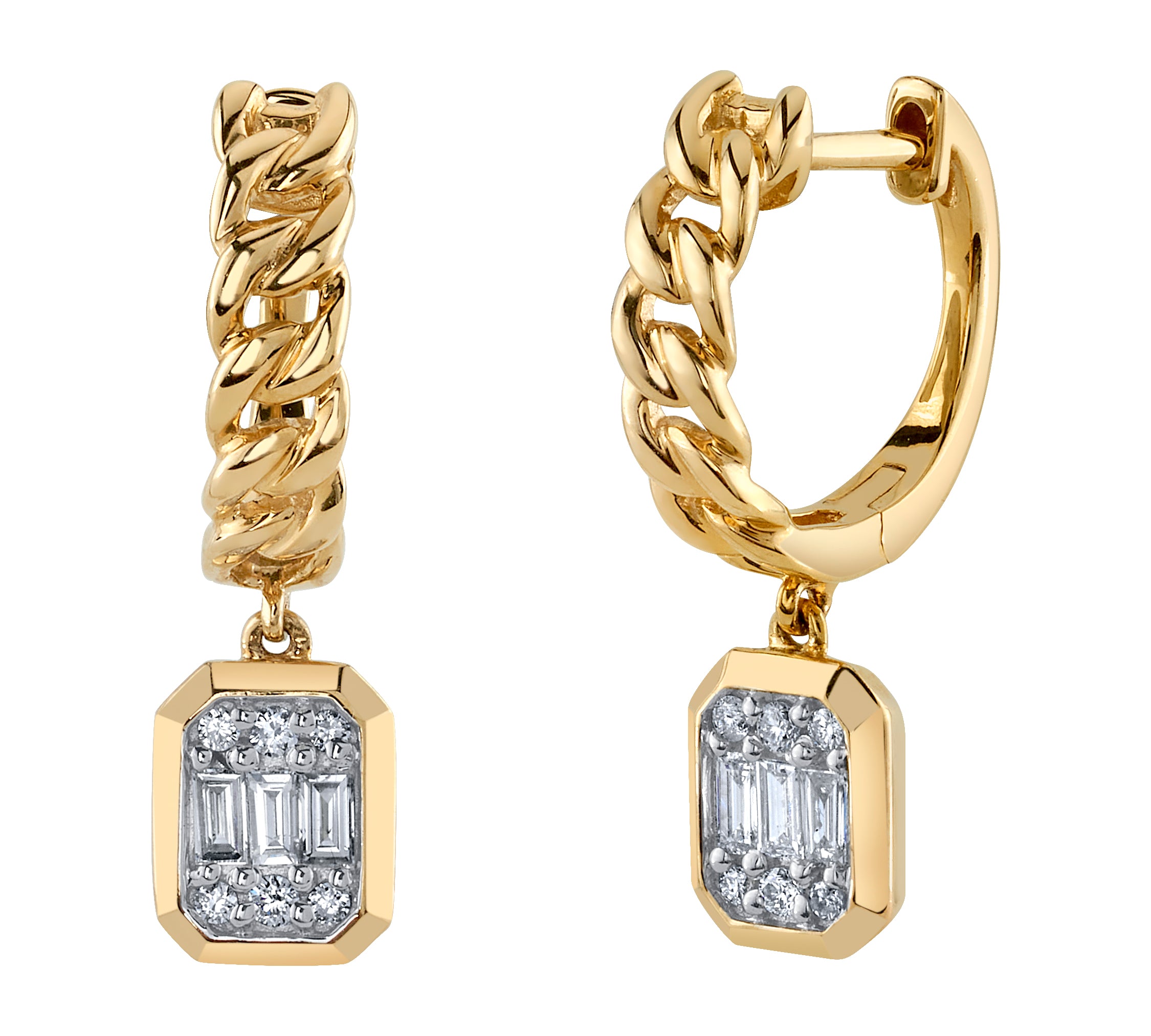 Chain Illusion Huggie with Baguette Diamond Huggie Earrings Roseark Deux Pair  