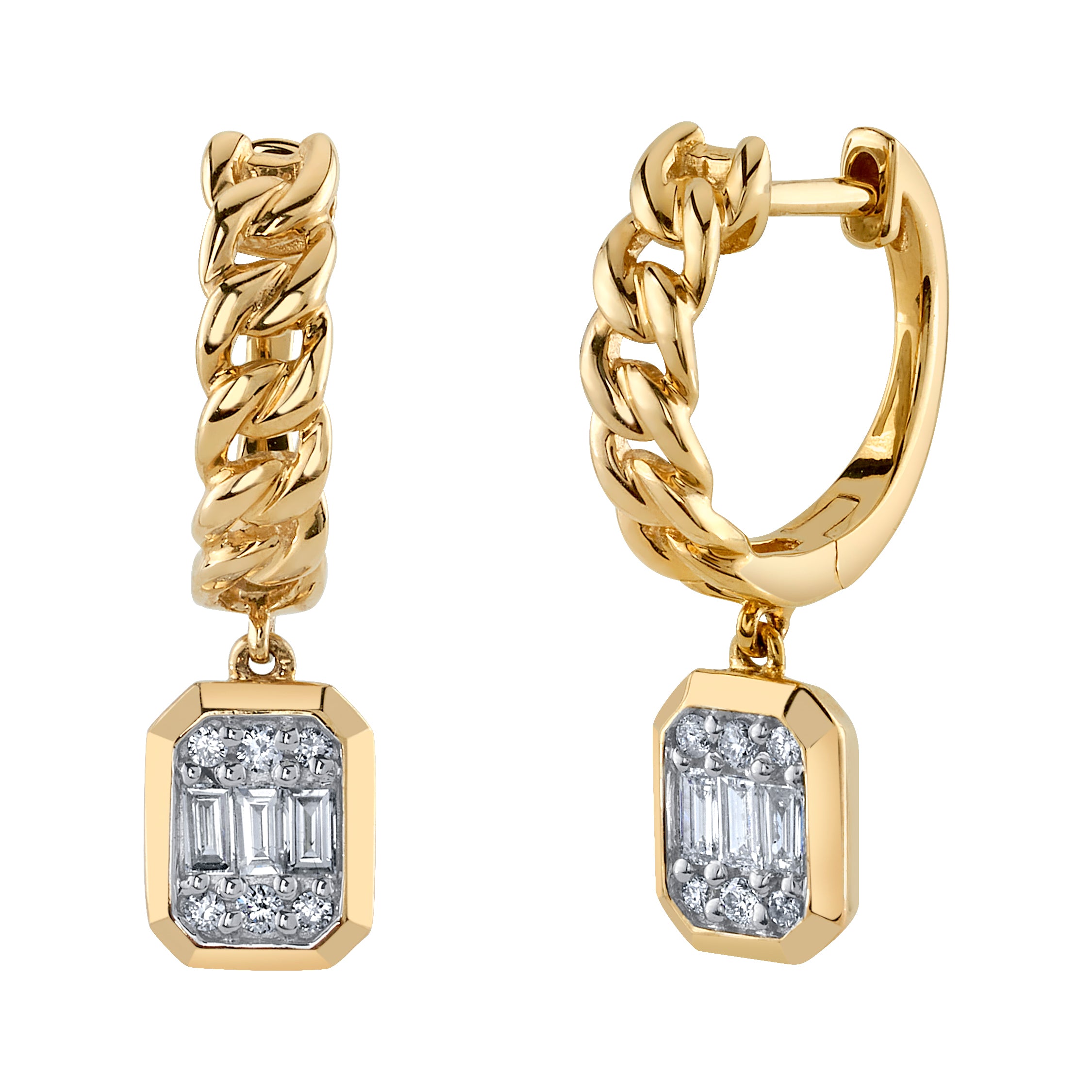 Chain Illusion Huggie with Baguette Diamond Huggie Earrings Roseark Deux Pair  