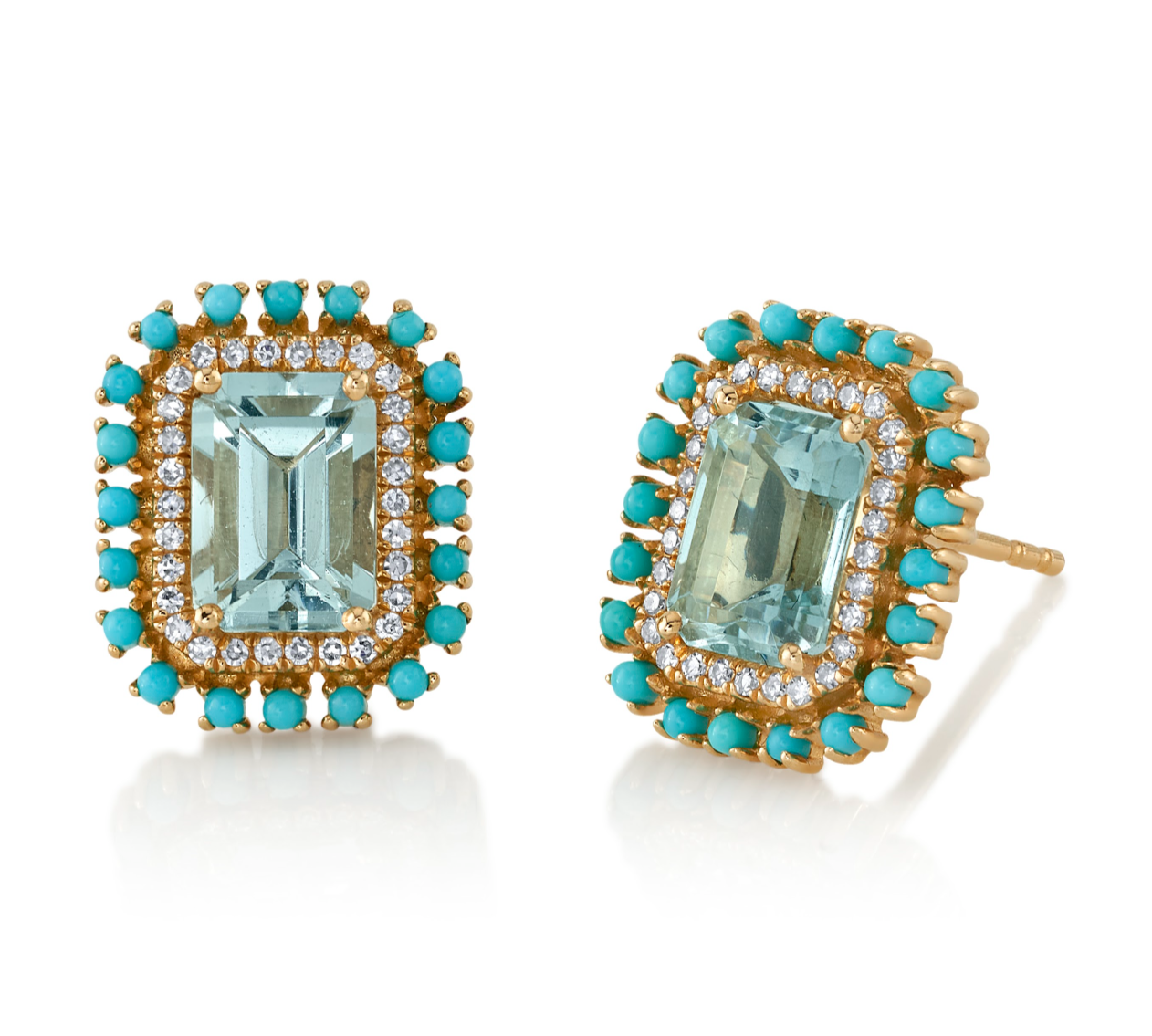 Emerald-Cut Topaz Studs with Diamond and Turquoise Stud Earrings Roseark Deux