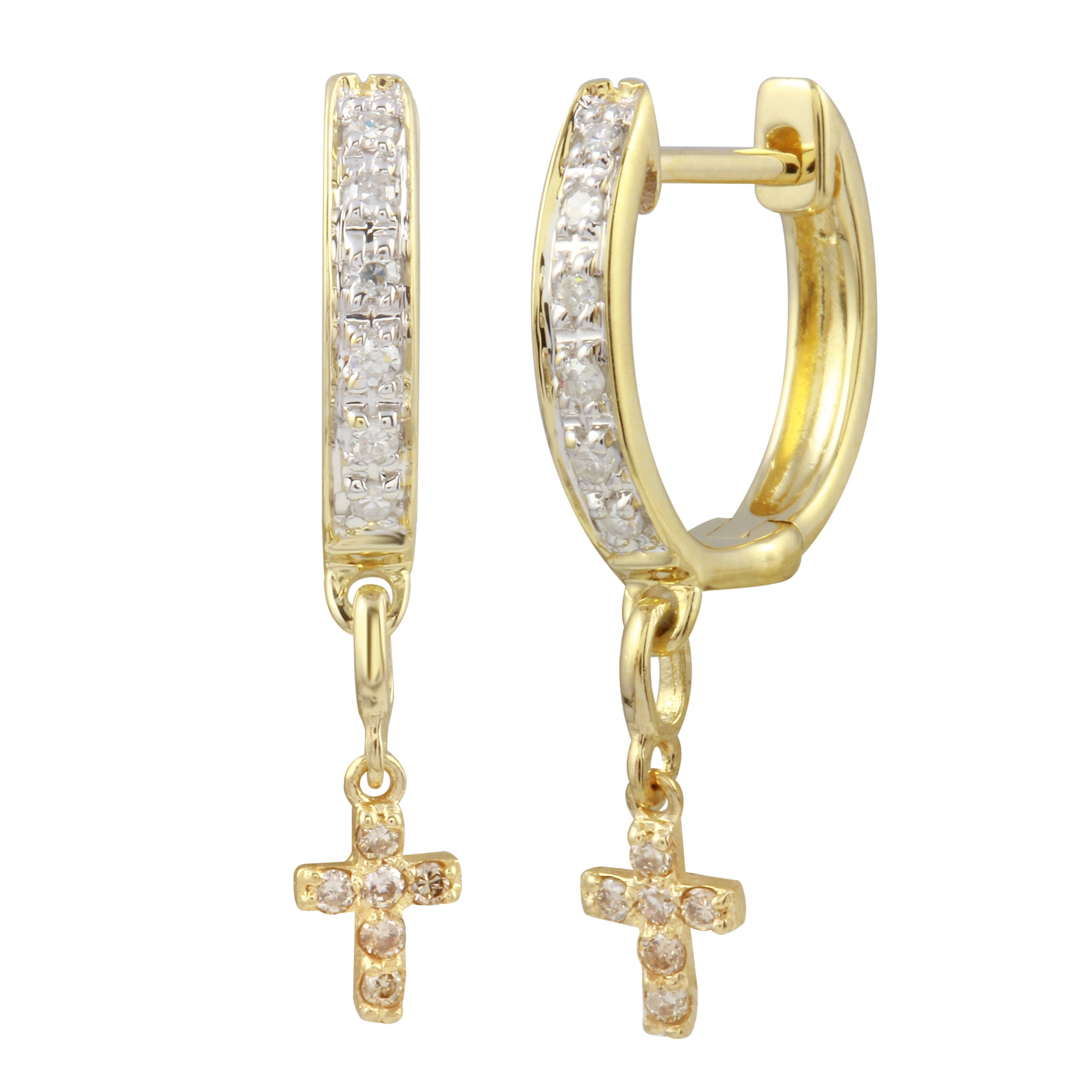 Diamond Huggie with Diamond Pave Cross Huggie Earrings Jaine K Designs Yellow Gold
